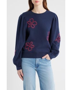 Rails Tiffany Floral Embroidered Balloon Sleeve Cotton Sweatshirt - Blue