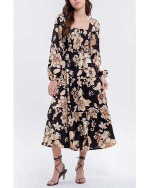 AUGUST SKY Floral Long Sleeve Midi Dress - Black