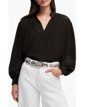 Madewell Shirred Long Sleeve Silk Top - Black