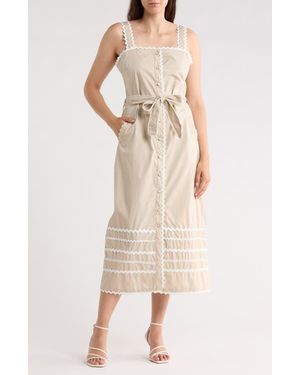 Ellen Tracy Cotton Poplin Rickrack Midi Dress - Natural