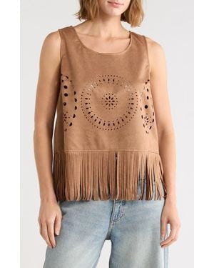 Forgotten Grace Laser Cut Fringe Faux Suede Tank - Brown