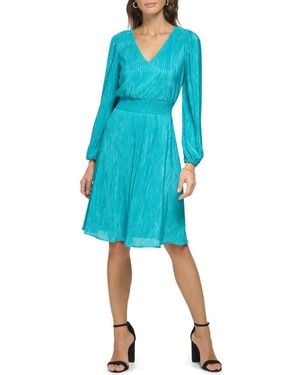 Kensie Pleated V-Neck Long Sleeve A-Line Dress - Blue