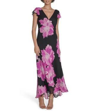 Calvin Klein Floral Flutter Sleeve Chiffon Maxi Dress - Purple