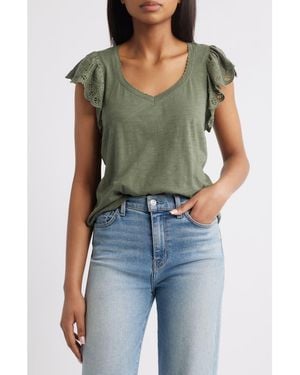 Wit & Wisdom Eyelet Flutter Sleeve Jersey T-Shirt - Blue