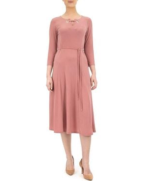 Nina Leonard Grommet Split Neck A-Line Midi Dress - Pink