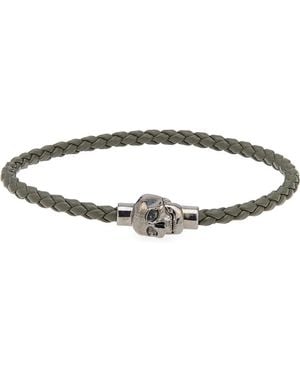McQueen Skull Braided Leather Bracelet - Metallic