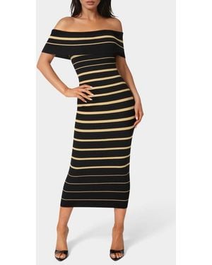 Bebe Stripe Off The Shoulder Ribbed Body-Con Dress - Black