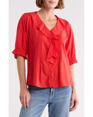 TROVE NEW YORK Romantic Ruffle Button-Up Shirt - Red