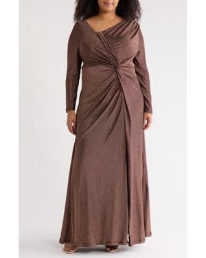 DKNY Knotted Front Long Sleeve Gown - Brown