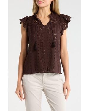 Tahari Embroidered Eyelet Cap Sleeve Top - Brown