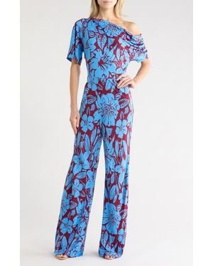Diane von Furstenberg Wittrock Floral One-Shoulder Short Sleeve Jumpsuit - Blue