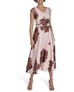 Calvin Klein Floral V-Neck Belted Midi A-Line Dress - White