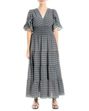Max Studio Ruffle Sleeve Tiered Maxi Dress - Gray