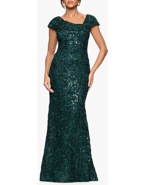 Xscape Evenings Asymmetric Neck Sequin Floral Mermaid Gown - Green