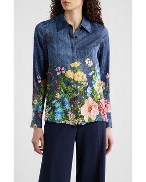 Tahari The Johanna Garden Denim Silk Blend Shirt - Blue