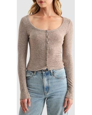 Lush Long Sleeve Button Front Knit Top - Blue