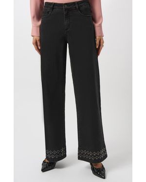 Joseph Ribkoff Studded Hem High Waist Wide Leg Jeans - Black