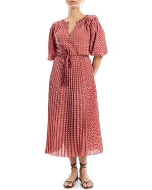 Max Studio Floral Pleated Crepe Midi Dress - Red