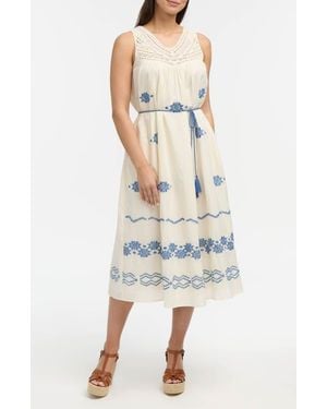Ellen Tracy Crochet Trim Embroidered Midi Dress - White