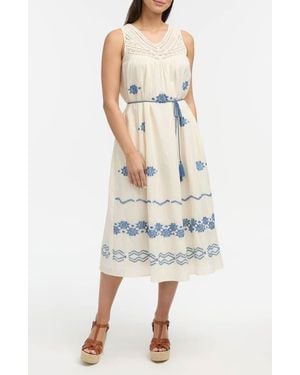 Ellen Tracy Crochet Trim Embroidered Midi Dress - White