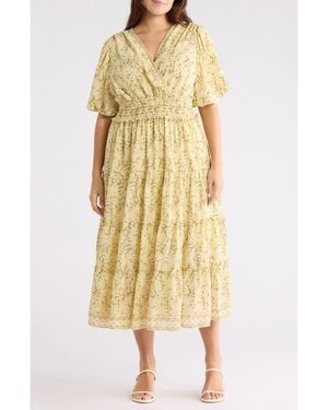 Max Studio Print Puff Sleeve V-Neck Dress - Metallic