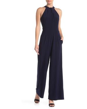 Nina Leonard Twist Halter Knit Jumpsuit - Blue