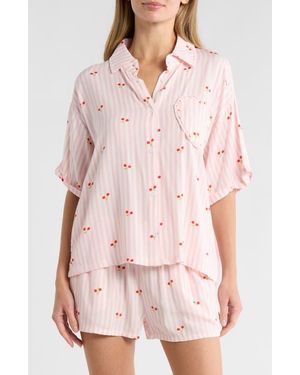 Betsey Johnson Heart Patch Cabana Button-Up Shirt & Shorts Cover-Up Set - Pink