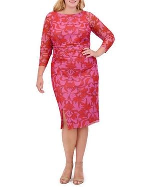 Vince Camuto Floral Mesh Ruched Body-Con Dress - Red