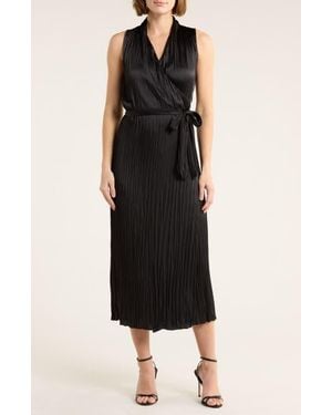Vince Sleeveless Pleated Satin Wrap Dress - Black