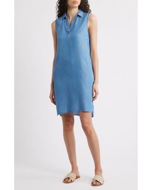 Beach Lunch Lounge Jinni Split Neck Sleeveless Denim Shift Dress - Blue