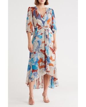 Calvin Klein Floral Faux Wrap Chiffon Maxi Dress - Blue