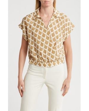 Pleione Collared Short Sleeve Faux Wrap Crop Top - Metallic