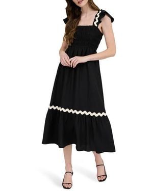 AUGUST SKY Wavy Ribbon Tiered Midi Dress - Black