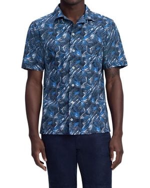 Bugatchi Shaped Fit Print Stretch Cotton Short Sleeve Button-Up Shirt - Blue