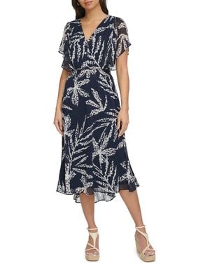 DKNY Flutter Sleeve Chiffon Midi Dress - Blue