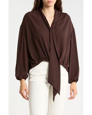 Gemma  Jane Tie Neck Draped Blouse - Brown