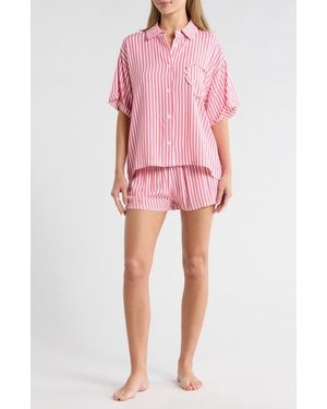 Betsey Johnson Heart Patch Cabana Button-Up Shirt & Shorts Cover-Up Set - Pink