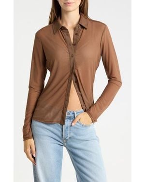 GOOD AMERICAN Mesh Button-Up Shirt - Brown