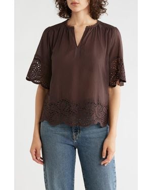 Tahari Embroidered Cotton Top - Brown