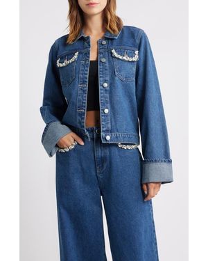 PTCL Rhinestone Detail Denim Trucker Jacket - Blue