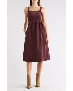 Wishlist Corduroy Bow Strap Overalls Midi Dress - Purple