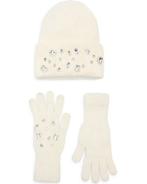 La Fiorentina Rhinestone Beanie & Gloves Set - Natural