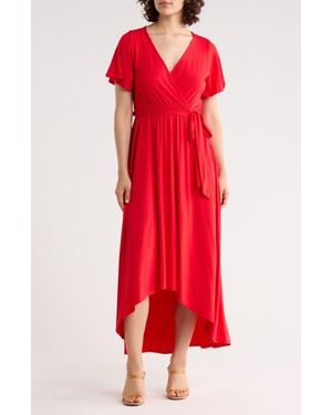 WEST K Flutter Sleeve High/Low Wrap Dress - Red