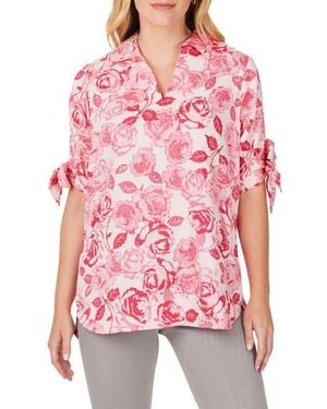 Foxcroft Emma Vintage Rose Bow Sleeve Cotton Tunic Blouse - Red