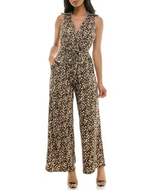 Nina Leonard Sleeveless Faux Wrap Jumpsuit - Brown