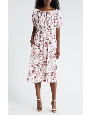 Connected Apparel Floral Raglan Sleeve Smocked Waist Midi Dress - Red