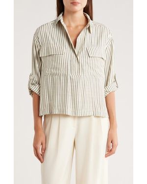Max Studio Grid Print Roll Sleeve Popover Shirt - Natural