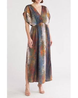 Wishlist Puff Sleeve Drop Waist Side Slit Maxi Dress - Multicolor
