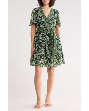 Eliza J Floral V-Neck Flutter-Sleeved Minidress - Green