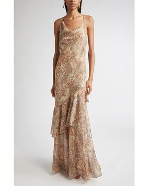 L'Agence Viola Mixed Print Tiered Silk Gown - Brown